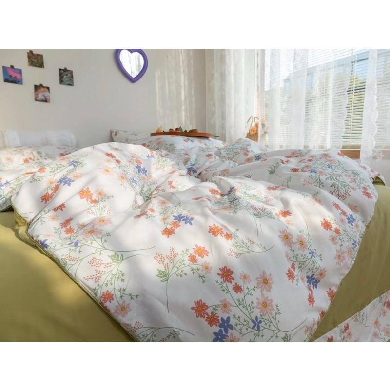 Set Chăn Ga Gối Côtton Living 100%cotton Hàng Nhập Khẩu Cao Cấp 4 Món Hoa Trắng Ga Xanh