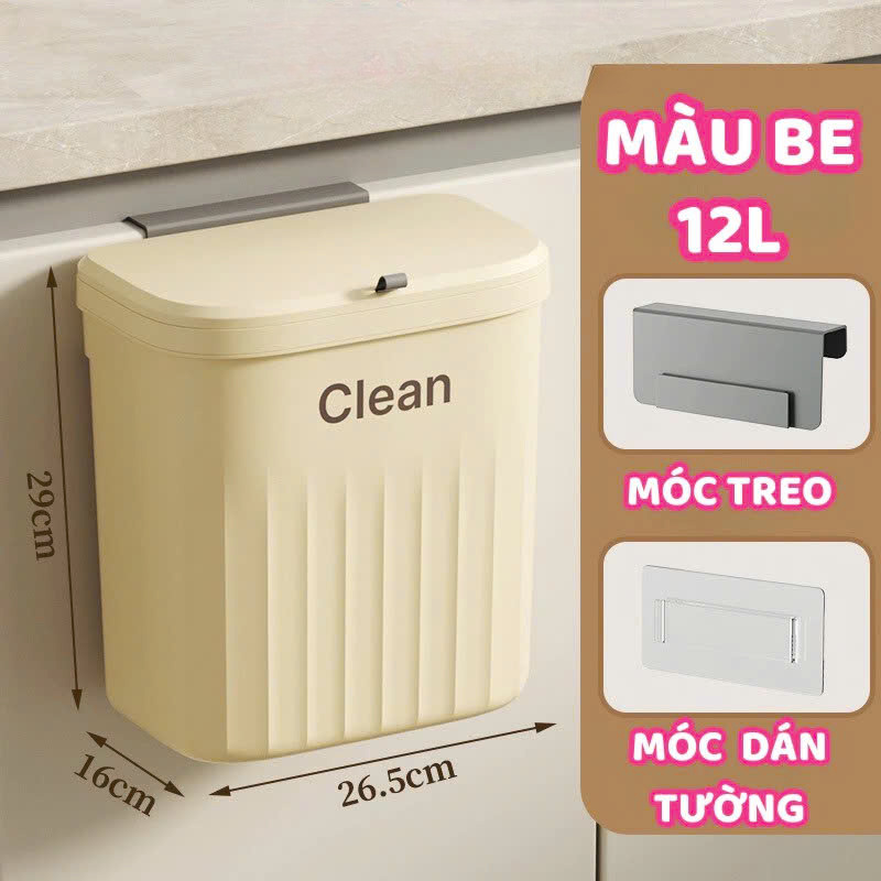 Thùng rác treo tủ bếp có nắp đậy thông minh, thùng rác treo tường dán tường, có thanh trượt cửa bếp