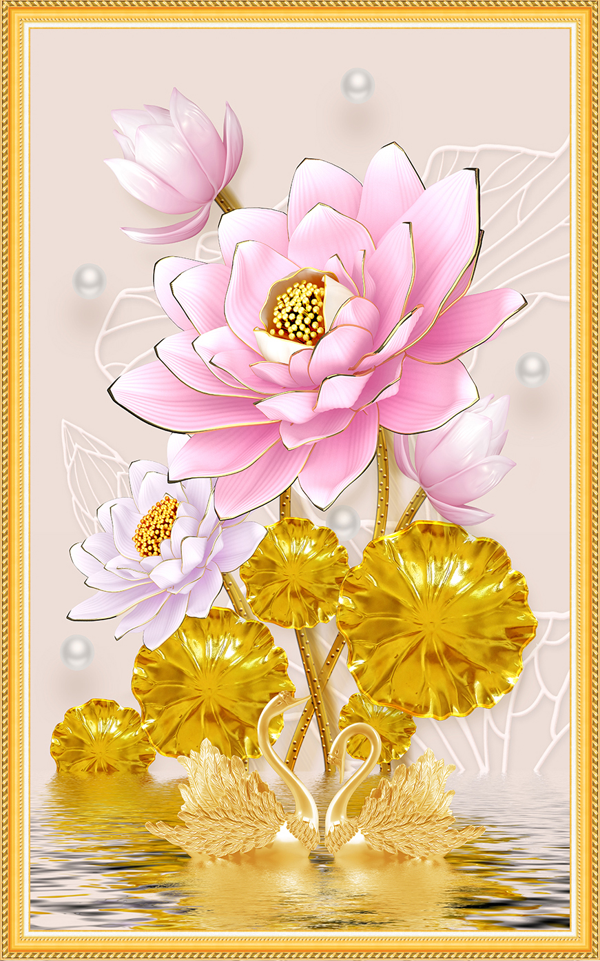 Tranh dán tường Hoa sen hồng tuyệt đẹp ánh kim sa LV-0263K