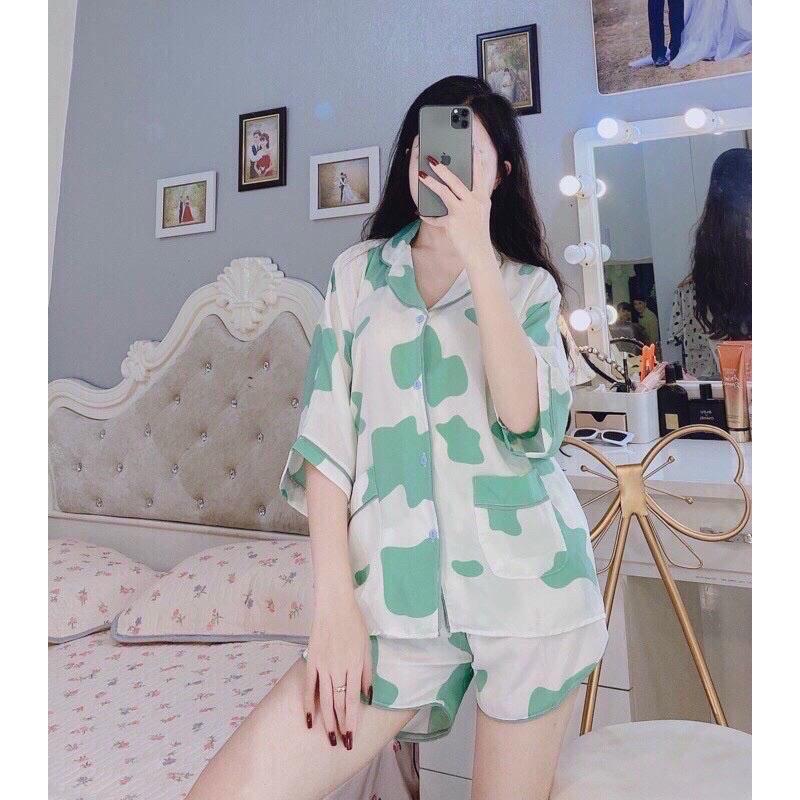 BỘ NGỦ PIJAMA NỮ BỘ MẶC NHÀ BÒ SỮA XANH