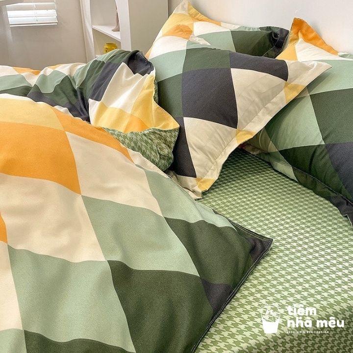 Bộ Chăn Ga Gối Cotton 3D m6/m8/2m - Full size Tiệm Nhà Mêu 2 Vỏ gối ,drap , vỏ chăn Cotton Kẻ Xanh Trắng Nhập Khẩu