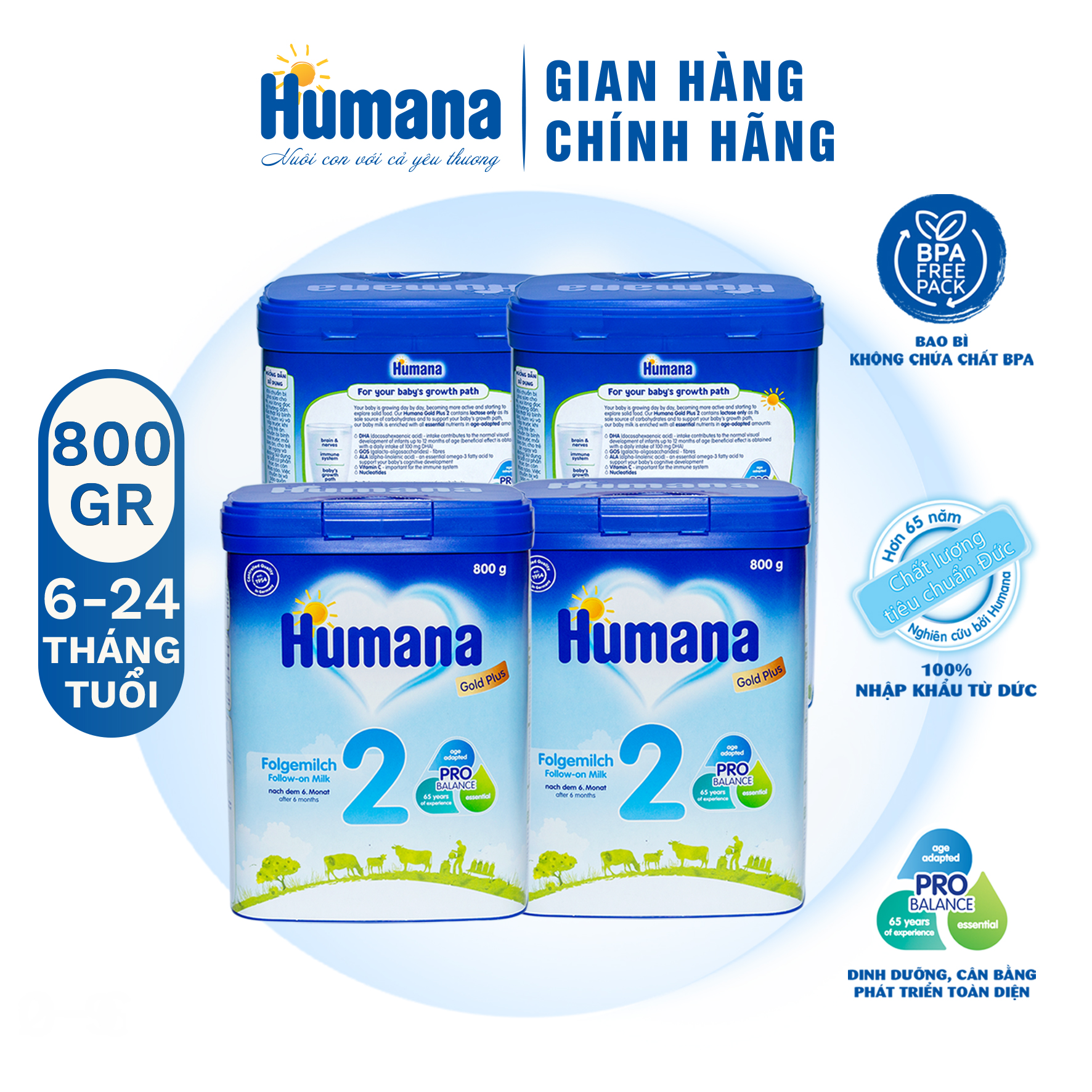 (Combo 4 hộp) (04/07/2024) Sữa Bột Humana Gold Plus 2 800g - Sữa Công Thức Dành Cho Trẻ Từ 6 Đến 24 Tháng Tuổi Nhập Khẩu Từ Đức - Hàng Chính Hãng