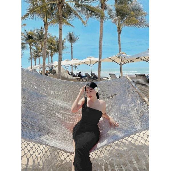 Đầm body lưới nhún 1 vai