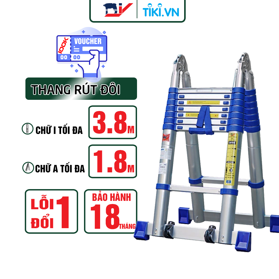 Thang nhôm rút đôi DIY TL-AI-38S chiều cao sử dụng tối đa chữ A 1.8m chữ I 3.8 m - Tiêu chuẩn chất lượng an toàn Châu Âu