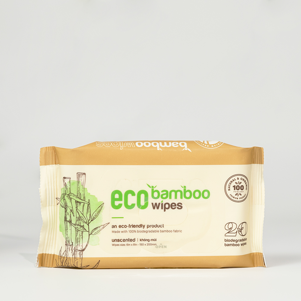 Khăn giấy ướt cao cấp EcoWipes gói 20 tờ vải sợi tre sinh thái Bamboo không mùi có thể phân hủy