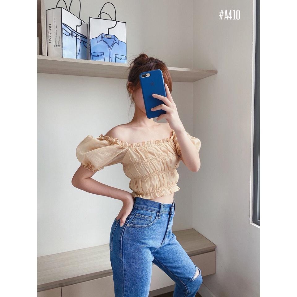 Áo croptop ánh kim trễ vai tay phồng có 2 màu freesize mặc được 2 kiểu