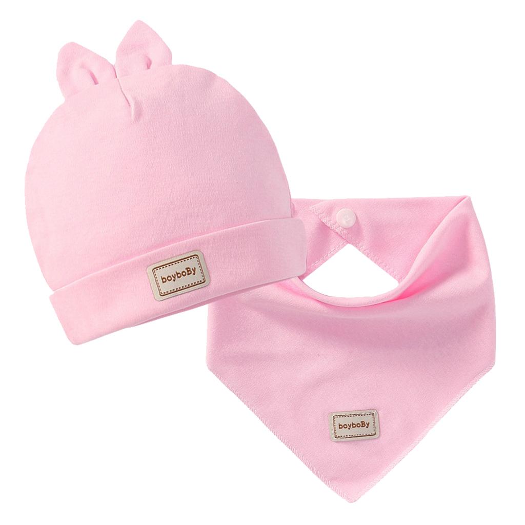 Cotton Beanie Hat Triangle Drool Bib Set for Baby Boy Girls Pink