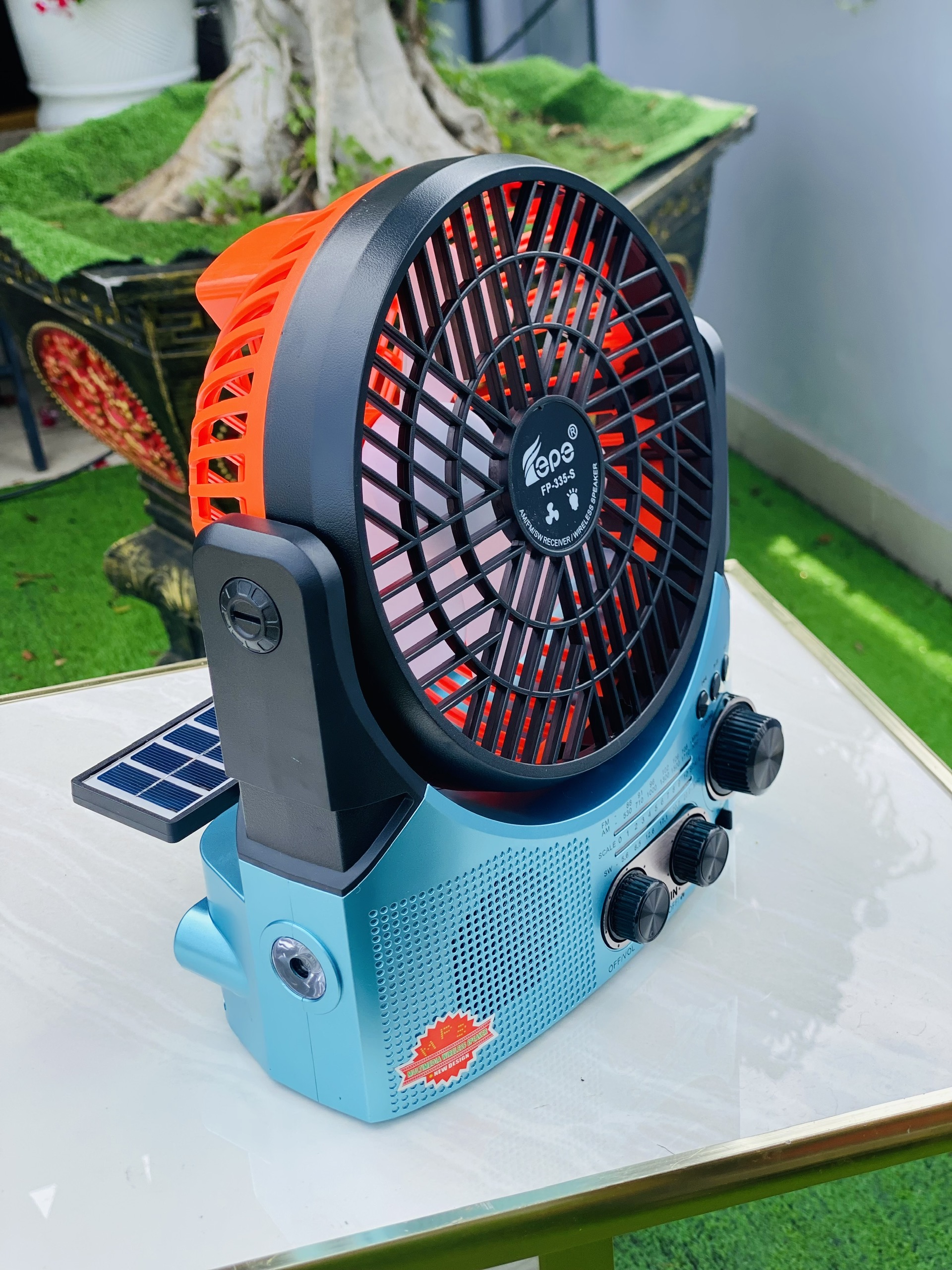 Quạt Đa Năng 4in1 FP 335S Có Năng Lượng Mặt Trời  Kèm Loa Nghe Nhạc, Đài FM, Đèn Pin FM, USB, TF Tiện Lợi Du Lịch Cắm Trại Dã Ngoại Hàng nhập Khẩu