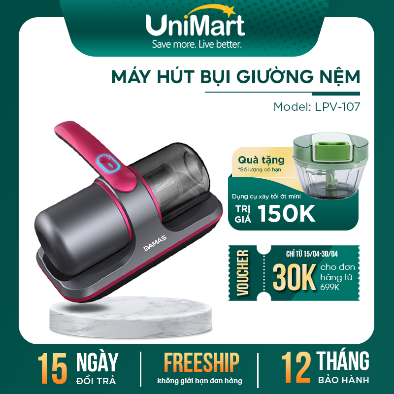 Máy Hút Bụi Cầm Tay Không Dây Damas MY017 - Hút Bụi Giường Nệm Diệt Khuẩn Bằng Tia UV Kết Hợp Tạo Xung Nhịp Tiêu Diệt Lên Đến 99,9% Vi Khuẩn Gây Hại Có Trên Giường Nệm, Sofa - Lực Hút Mạnh Mẽ Lên Đến 12.000PA - Bảo Hành 12 Tháng - Hàng Chính Hãng