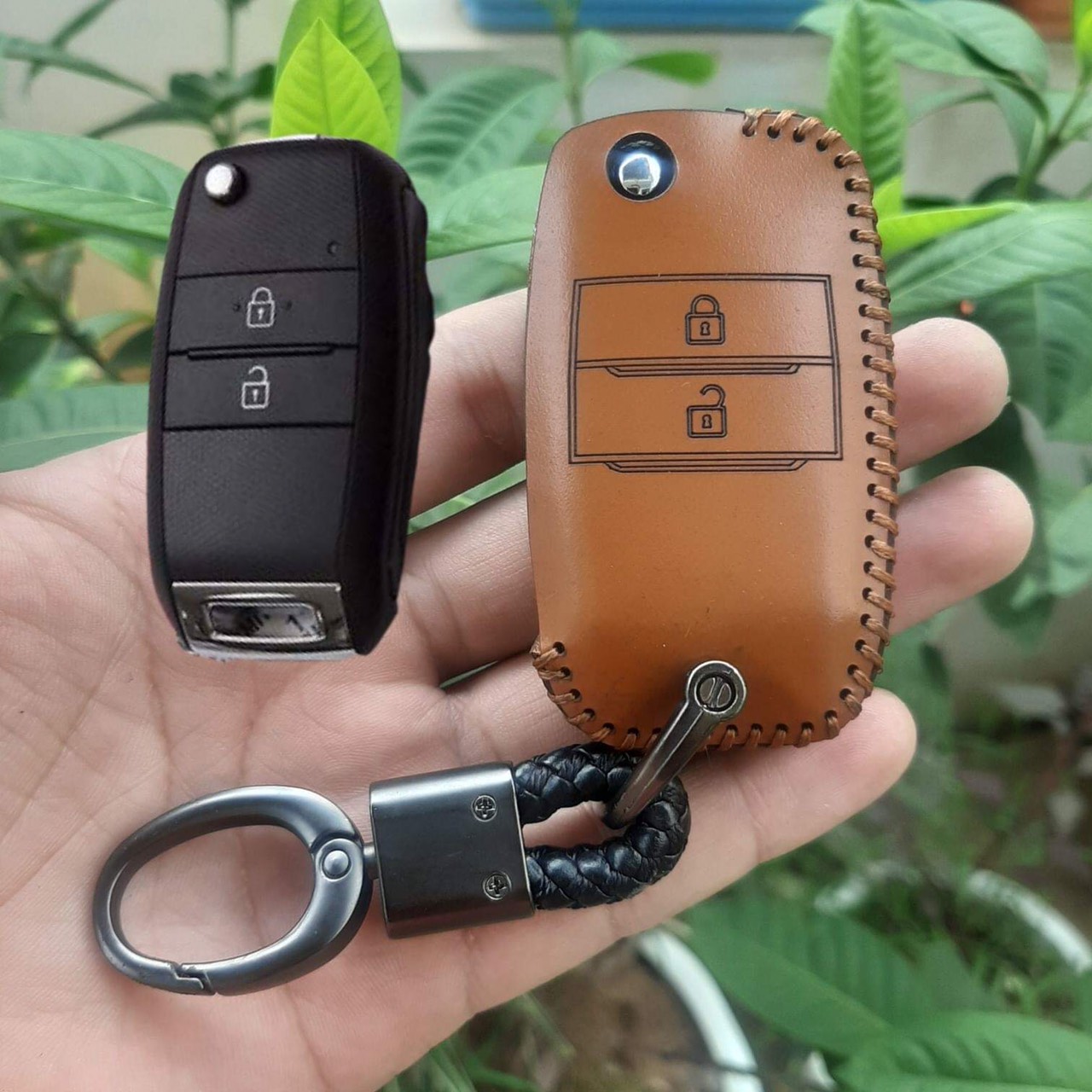 Bao Da Chìa Khóa Kia Morning Cerato, k3, Rondo, Rio, Seltos chìa gập 2 nút. Da Bò thật, Khắc Tên + Số ĐT