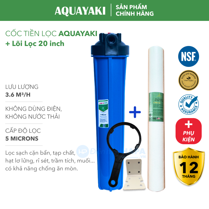 Cốc Lọc Thô 20 inch AQUAYAKI AQUA-S201 Cao Cấp, Bộ Lọc Nước Đầu Nguồn, Sinh Hoạt Gia Đình 20in - Hàng Chính Hãng