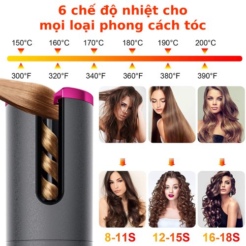 Máy uốn tóc tự động không dây chuẩn FDA 6 cấp độ nhiệt màn hình LCD