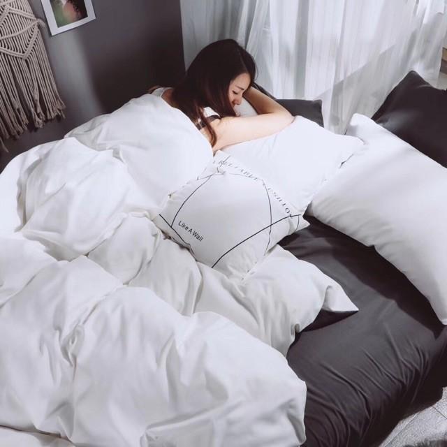 Bộ Chăn Ga Gối Cotton Đũi - Trắng Phối Ghi