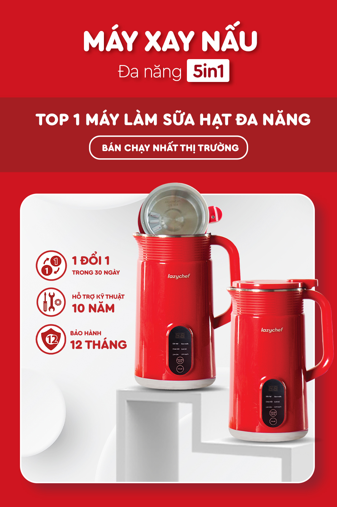 Máy Làm Sữa Hạt 5in1 Lazychef - Lô Mới 6 Lưỡi Dao Kép - Máy Xay Sinh Tố, Máy Làm Sữa Hạt - Dung Tích 800ml, Bảo Hành 12