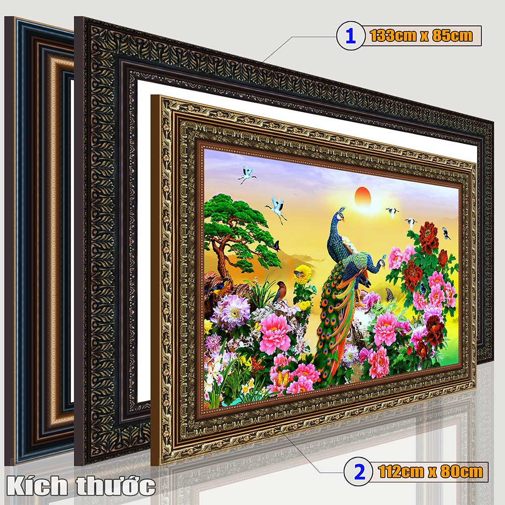 Tranh treo tường phòng khách, phòng ngủ Chim công PHÚ QUÝ BÌNH AN chất liệu pvc gương / lụa kim sa. MS:3389L9
