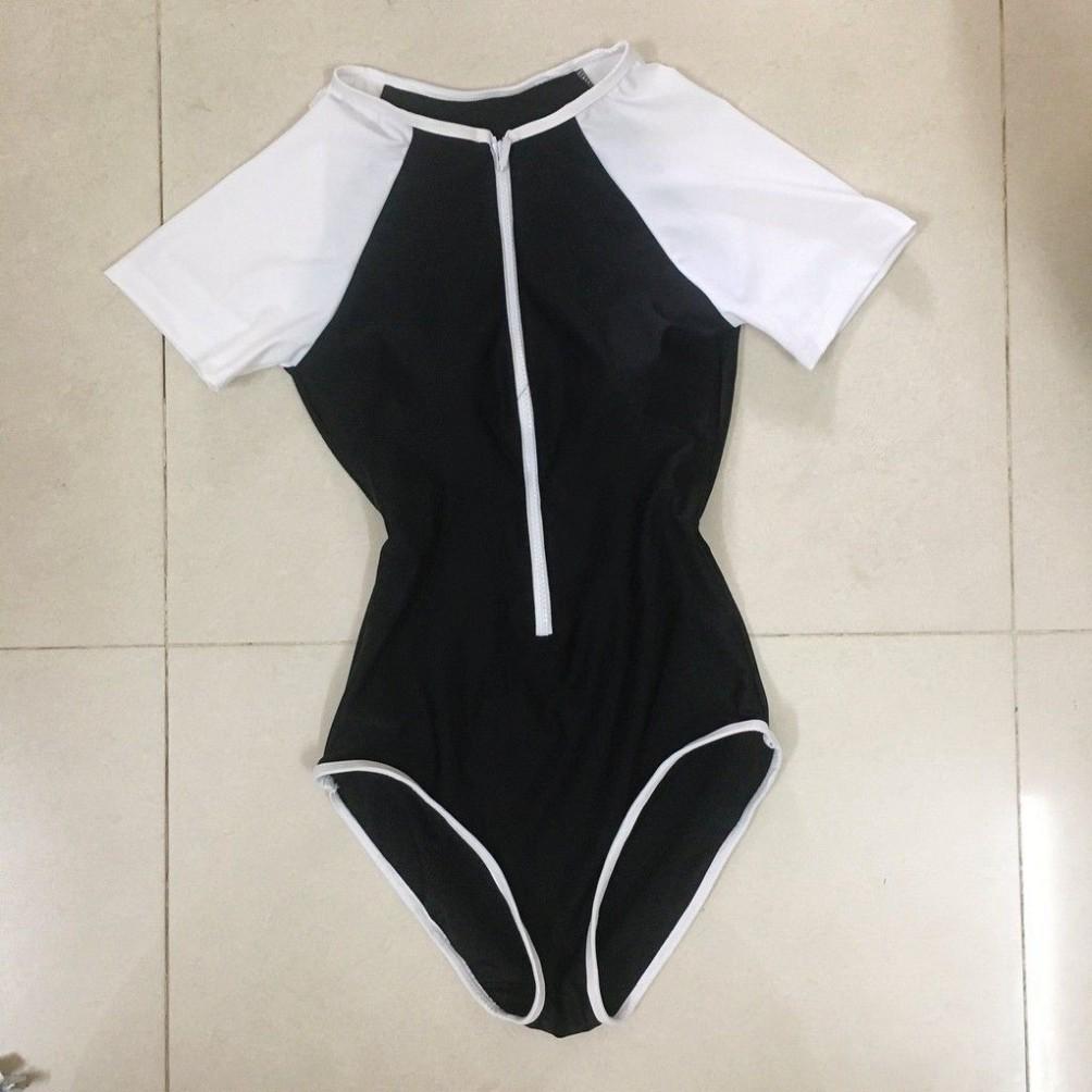 freeship Bikini 1 mảnh , Bodysuit tay ngắn cộc tay có khóa kéo màu đen phối trắng Hiền Hồ️Freeship️