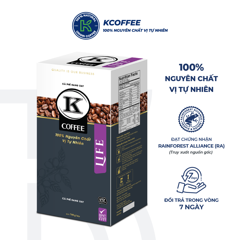 Cà phê rang xay KCoffee 100% Robusta Arabica nguyên chất K-LIFE (700g/Hộp)