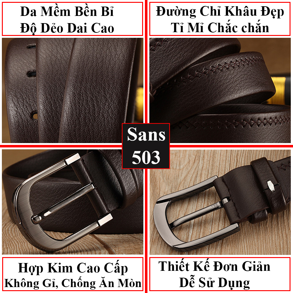 Thắt lưng nam khóa kim gài Sans503 đơn giản classic dây nịt da mềm cổ điển vuông cao cấp đẹp thời trang công sở BH 1 năm