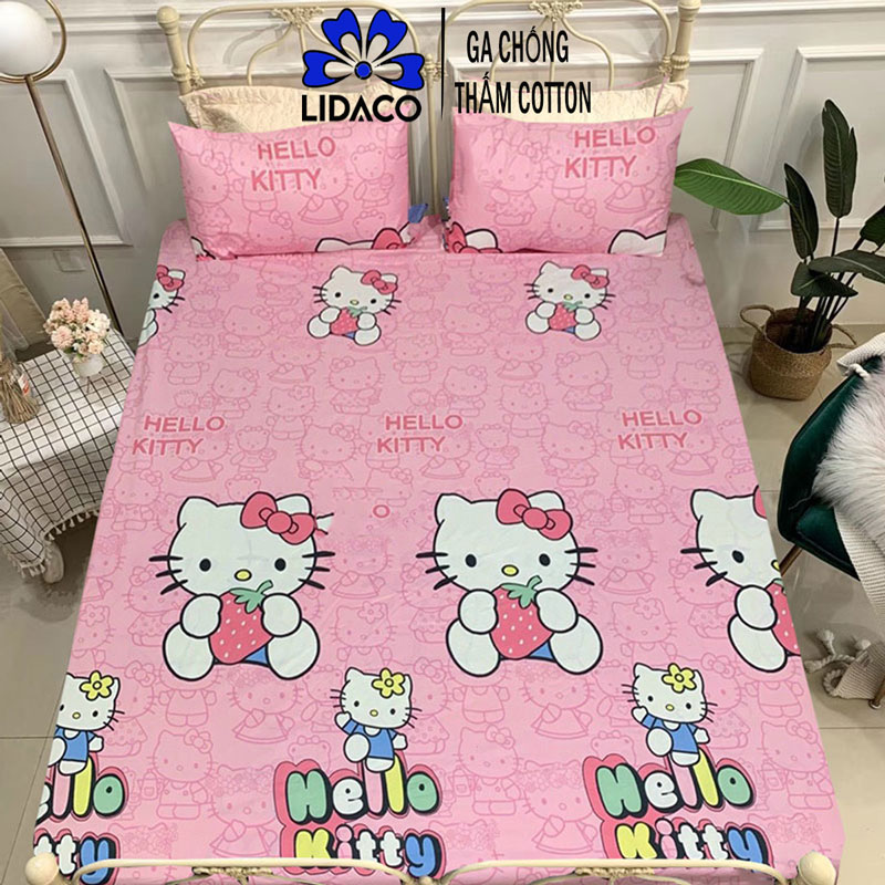 Ga Chống Thấm Cotton LIDACO Cao Cấp - Kitty hồng - 1m2x2mxdưới12cm