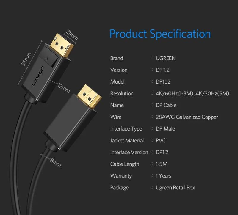 Ugreen UG10211DP102TK 2M Màu Đen Cáp 2 Đầu Displayport chuẩn V1.2 thuần đồng - HÀNG CHÍNH HÃNG