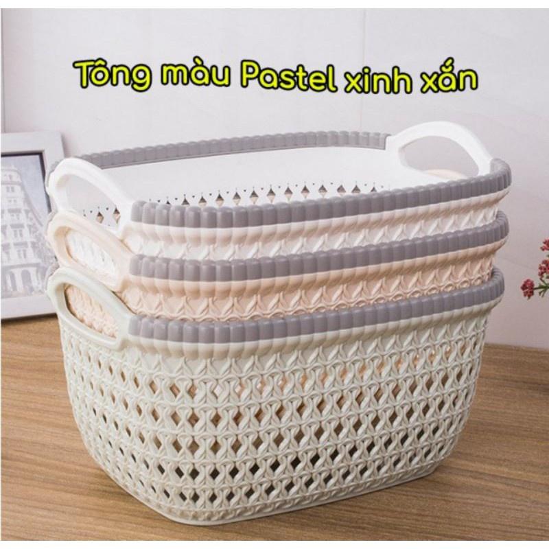 Giỏ nhựa đựng đồ đa năng Rổ nhựa chữ nhật giả đan mây Việt Nhật có quai xách