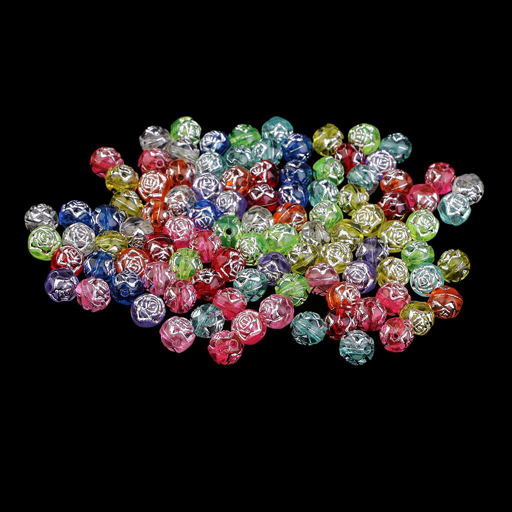 100 Pieces Assorted 8mm Acrylic Rose Flower Mixed Clear Silver Line Spacer Beads for Kids DIY Jewelry Making and Handmade Crafts Accessories
