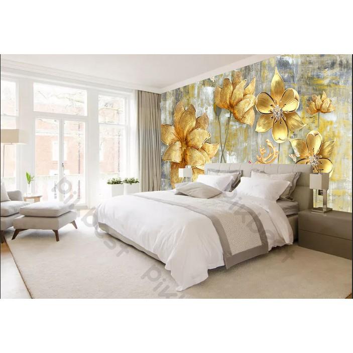 Tranh dán tường Hoa mẫu đơn vàng trên tường độc đáo, Tranh dán tường 3d hiện đại  MS1152523