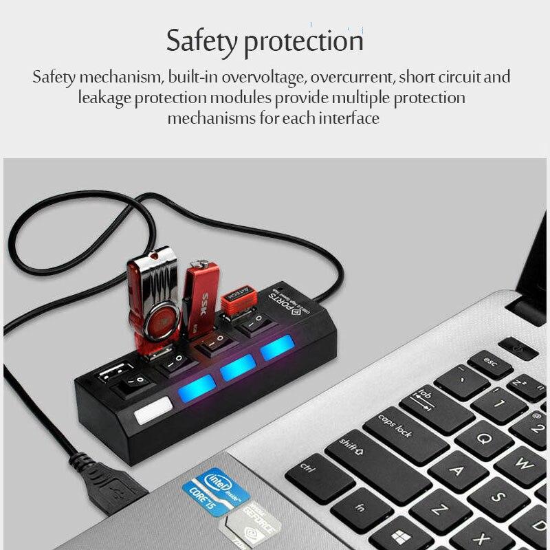 USB 2.0 Hub Multi USB Splitter Hub Use Power Adapter 4Port Multiple Expander USB Hub with Switch 30CM Cable