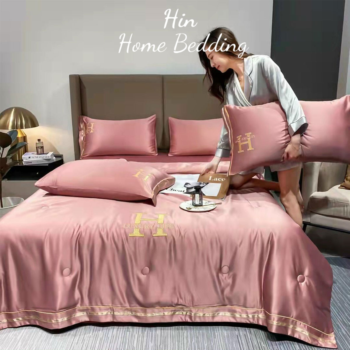 Bộ Chăn Ga Gối Đệm 5 Món Chăn Phao Lụa Thái Hin Home Bedding Drap Giường Lụa Mẫu Hồng