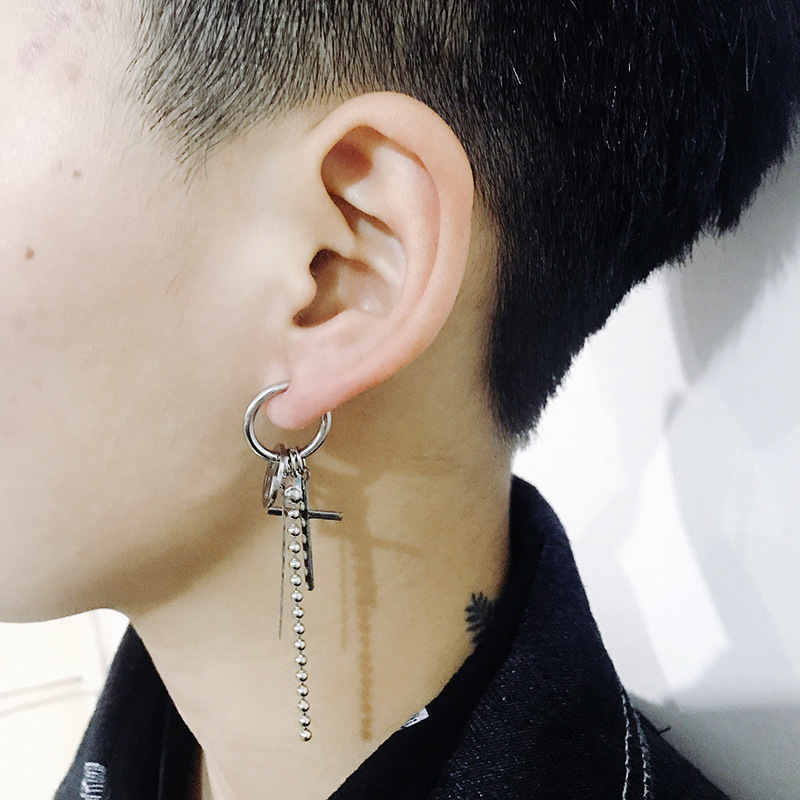 Bông tai xích họa tiết hình học chuẩn nam thần bao ngầu bao cool