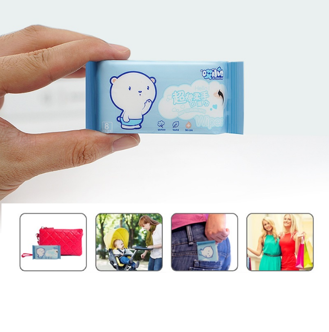 Khăn giấy ướt mini không mùi 1 bịch 8 gói, nhiều hình dễ thương bỏ túi tiện lợi GD708-KGMini