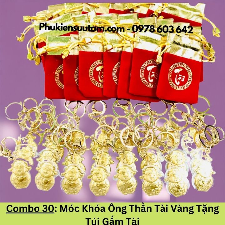Combo 30 Móc Khóa Ông Thần Tài Vàng Tặng Túi Gấm Tài, kích thước: 4cmx3.5cm, màu vàng - SP005958