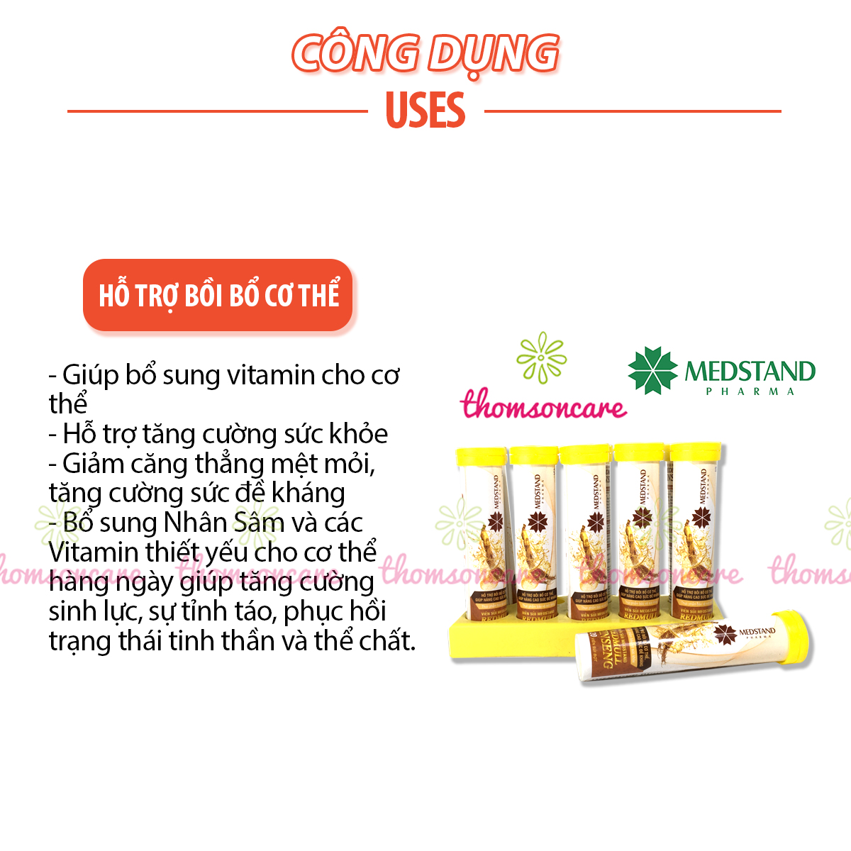 Viên sủi giảm mệt mỏi từ nhân sâm và vitamin - Redmull Ginseng medstand - Tuýp 20 viên tăng sức đề kháng