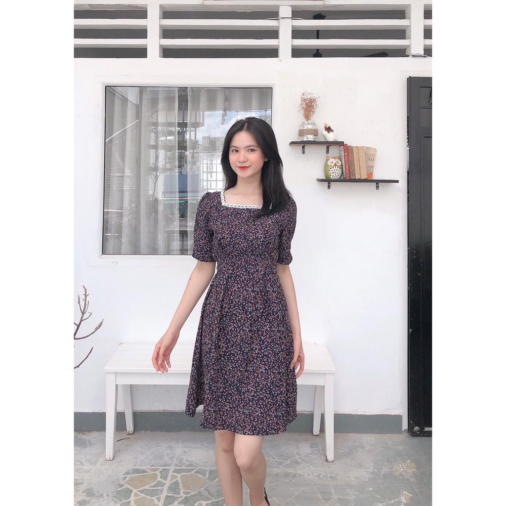 ĐẦM HOA NHÍ XANH ĐẬM CỔ VUÔNG DÁNG XÒE TAY NGẮN-hình thật shop chụp
