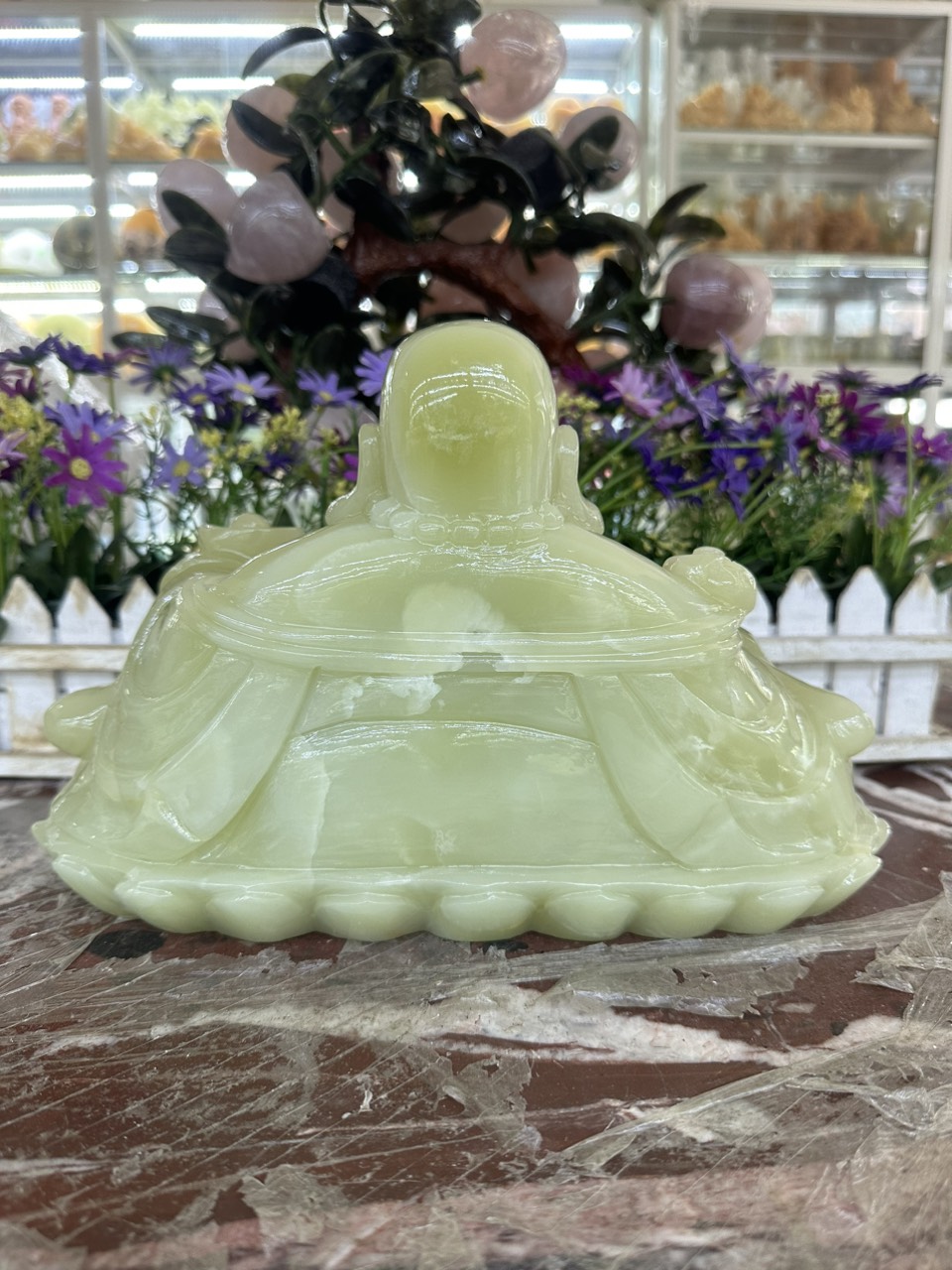 Tượng Phật Di Lặc ngồi tựa bao tiền cầm thỏi vàng phong thủy đá ngọc onyx - Dài 30 cm