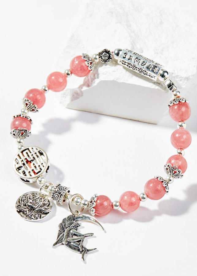 Vòng Tay Phong Thủy Đá Rhodochrosite Phối Charm Hoa Sen Bạc  Mệnh Hỏa, Thổ Ngọc Quý Gemstones