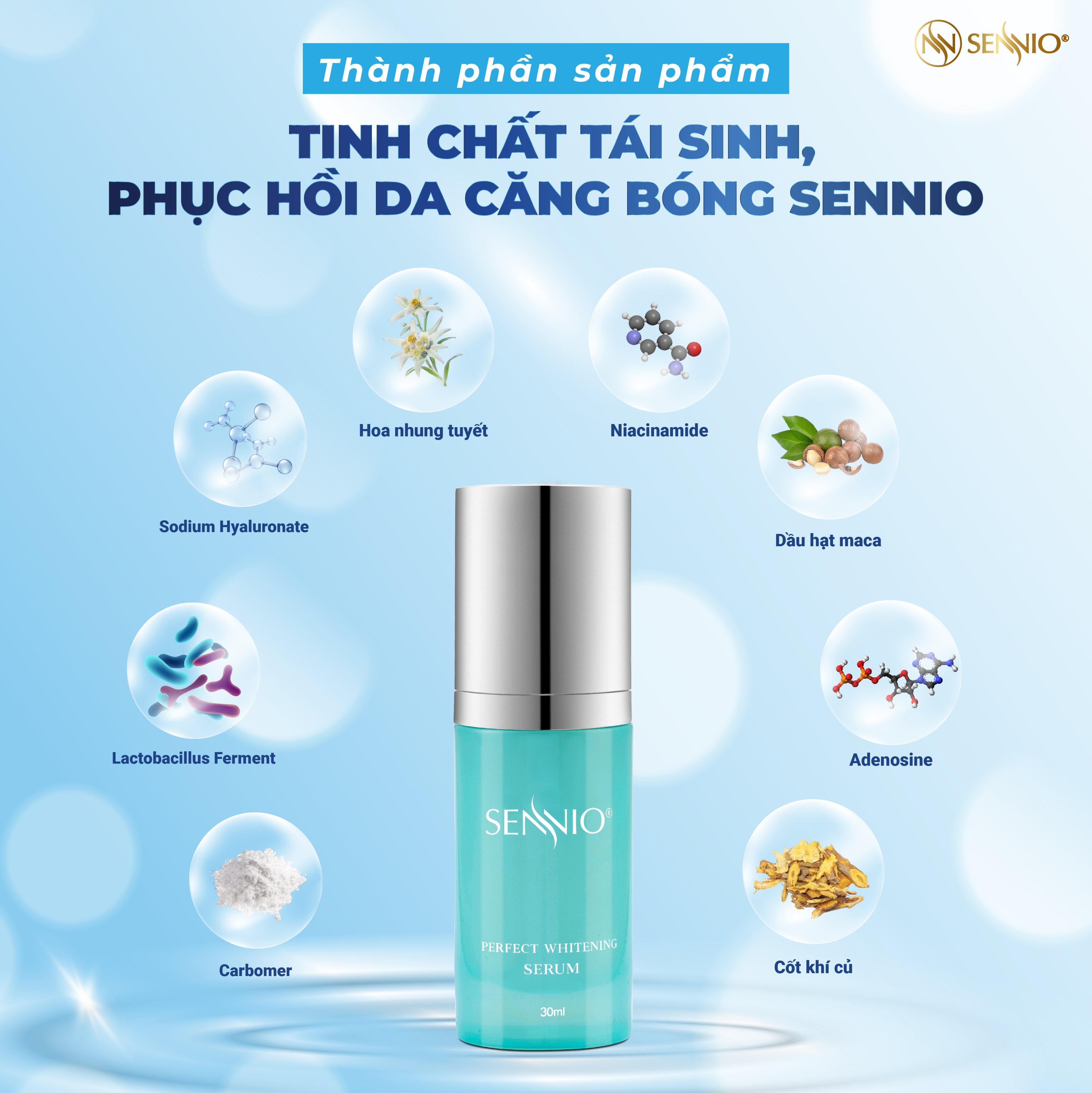 Serum trắng da Sennio Perfect Whitening Serum dưỡng ẩm da mặt tái tạo và phục hồi da 30ml SNO 828