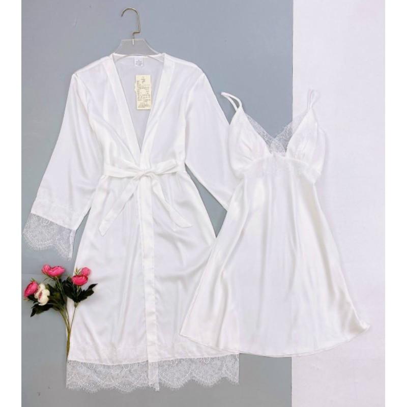 Set áo choàng váy ngủ lụa phối ren mi sang trọng đủ màu tặng kèm quần lót ren xinh xắn gợi cảm