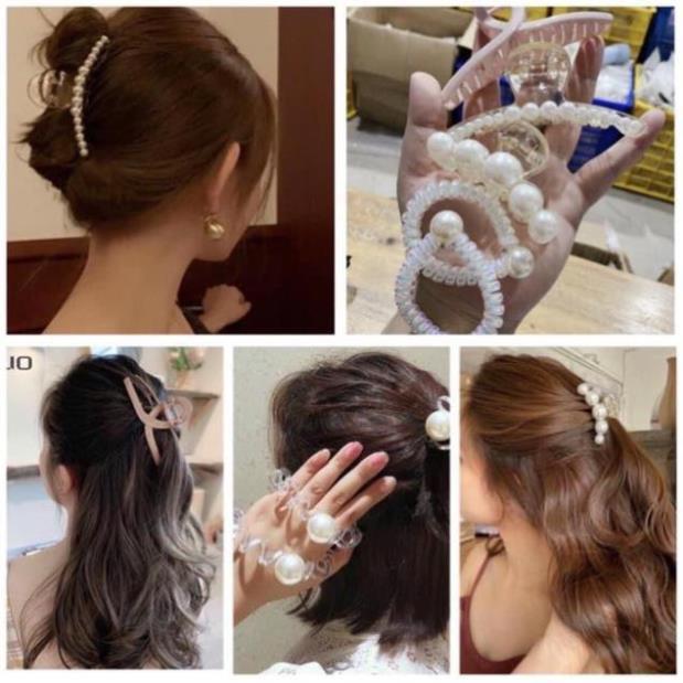 Set 5 Món Kẹp tóc Ngọc Trai Kèm Dây Buộc đính ngọc Siêu Sang