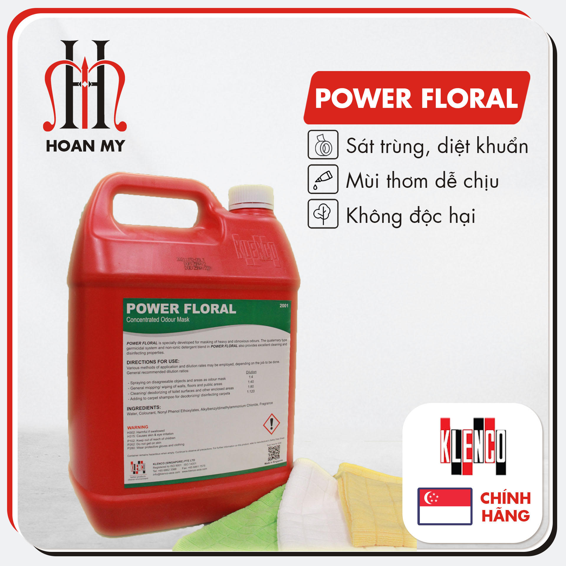 Nước lau sàn khử mùi hương hoa cỏ Power Floral can 5L chính hãng Klenco Singapore