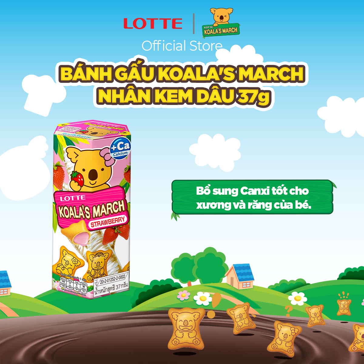 Combo 6 hộp Bánh gấu Koala's March nhân Kem Dâu 37 g