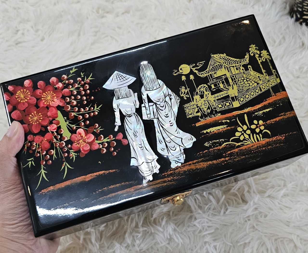 Hộp nữ trang sơn mài cẩn ốc chìm Cao Cấp size 14x24x6 cm đựng đồ trang sức, vật dụng nhỏ xinh, trang trí, làm quà tặng ý nghĩa