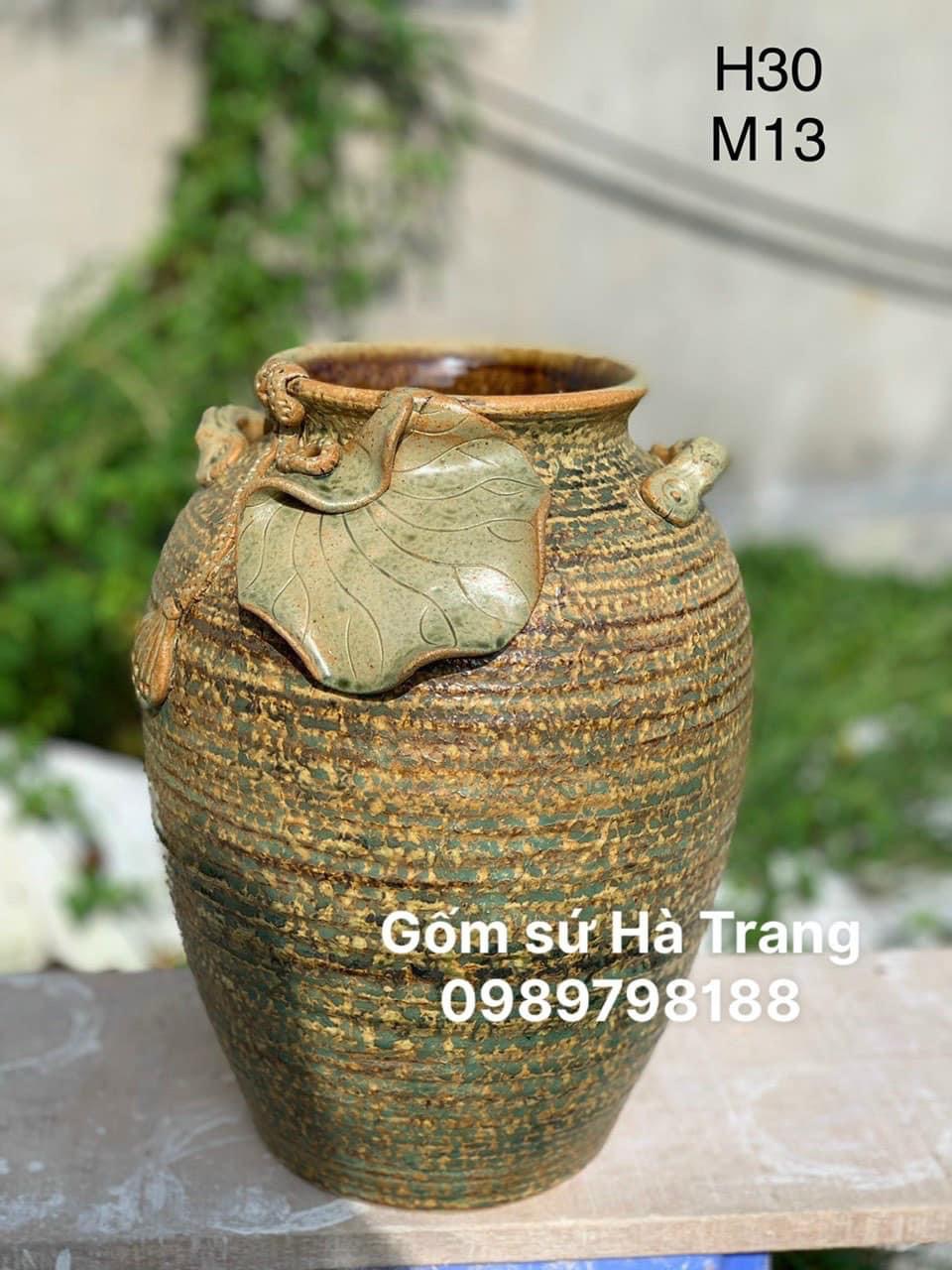 Lọ hoa gốm sứ Bát Tràng cao cấp đắp nặn thủ công cao 30cm
