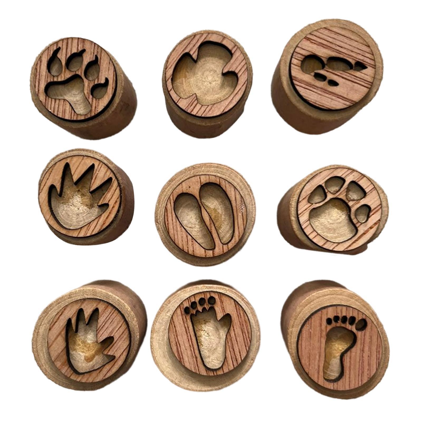 9Pcs Wooden Stamp Set Animals Foot Print Stamp Handmade Painting Animals Paw Stamp Animal Track Stamps for Clay, Planner, Teachers, Card Making