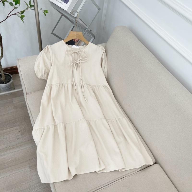 Đầm Babydoll Nữ Buộc Nơ Cộc Tay Dáng Ngắn Váy Đũi Lụa Nữ Dây Nơ Dáng Suông 3 Màu