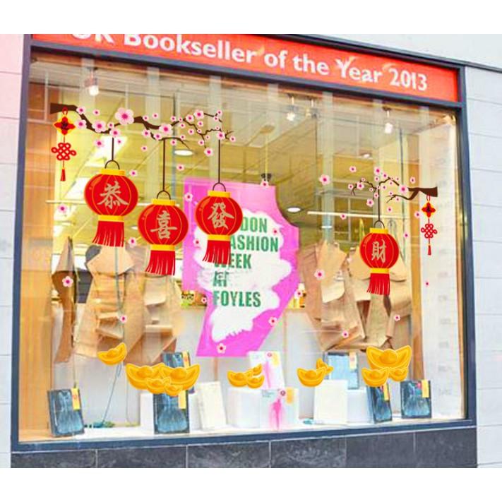 Decal trang trí Tết - Lồng đèn đỏ và nén Vàng chúc Xuân