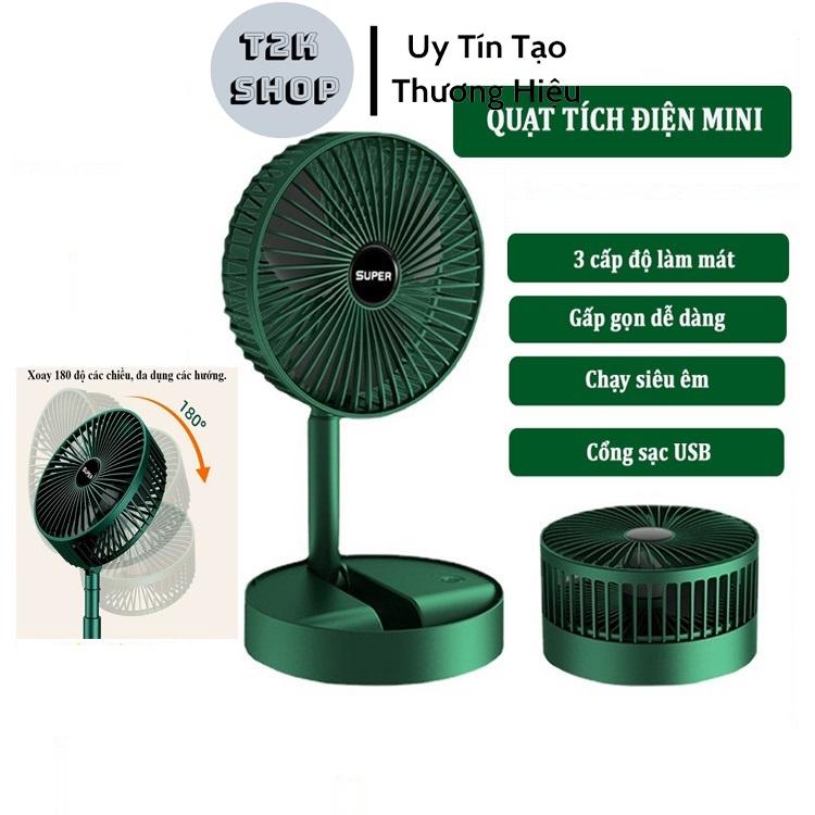 Quạt Tích Điện Mini Gấp Gọn Để Bàn 3 Cấp Độ Gió Siêu Mát Siêu Bền Đế Xoay 360 Độ Tiện Lợi - T2K Shop