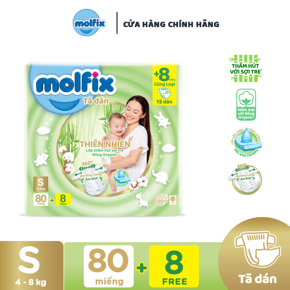 Tã/bỉm dán Molfix Thiên nhiên Super Jumbo S - Gói 80+8 miếng
