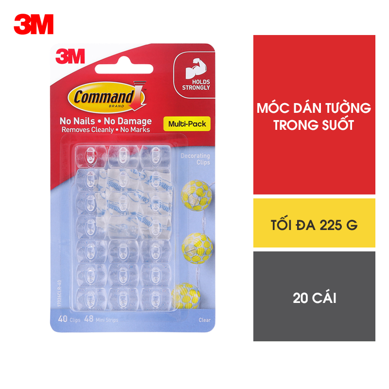 Bộ 20 Móc dán tường trong suốt Command 3M tải trọng 225g - Bám cực chắc, tháo cực dễ, phù hợp cho trang trí 17026