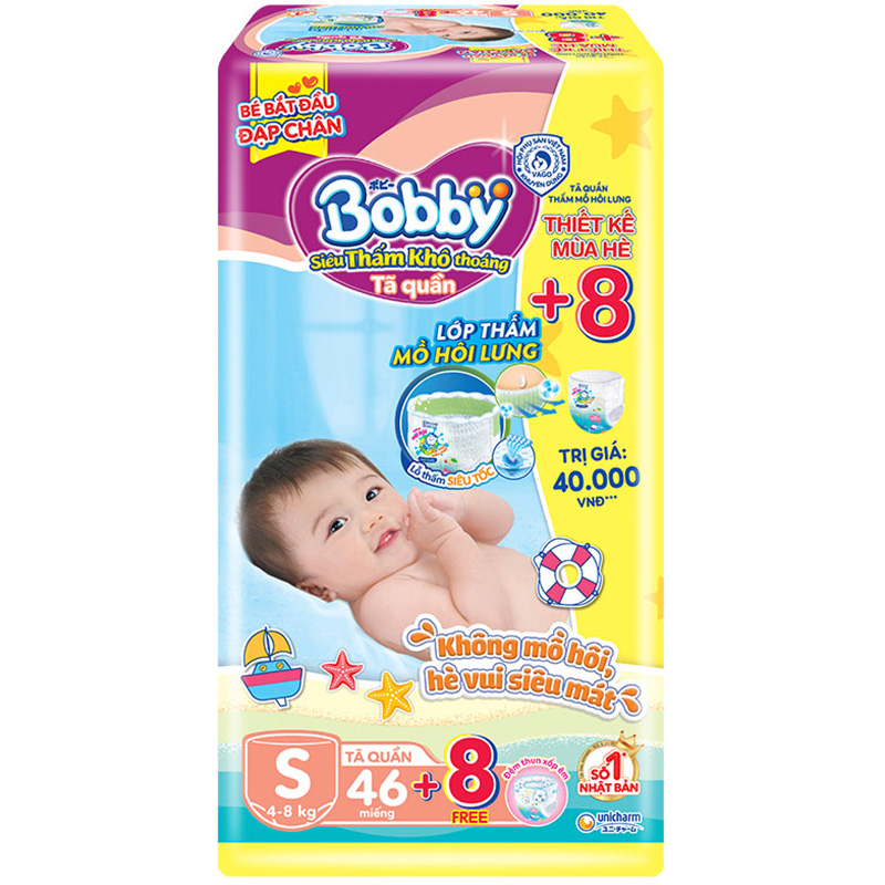 Tã Quần Bobby Đệm Lưng Thấm Mồ Hôi S46 (46 Miếng) - Tặng 8 Miếng Phiên Bản Hè Vui Nhộn